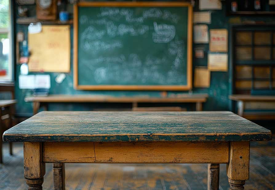 A rustic wooden table sits in a cozy classroom. Large windows allow natural light to pour in, illuminating the chalkboard and nearby bookshelves filled with books.