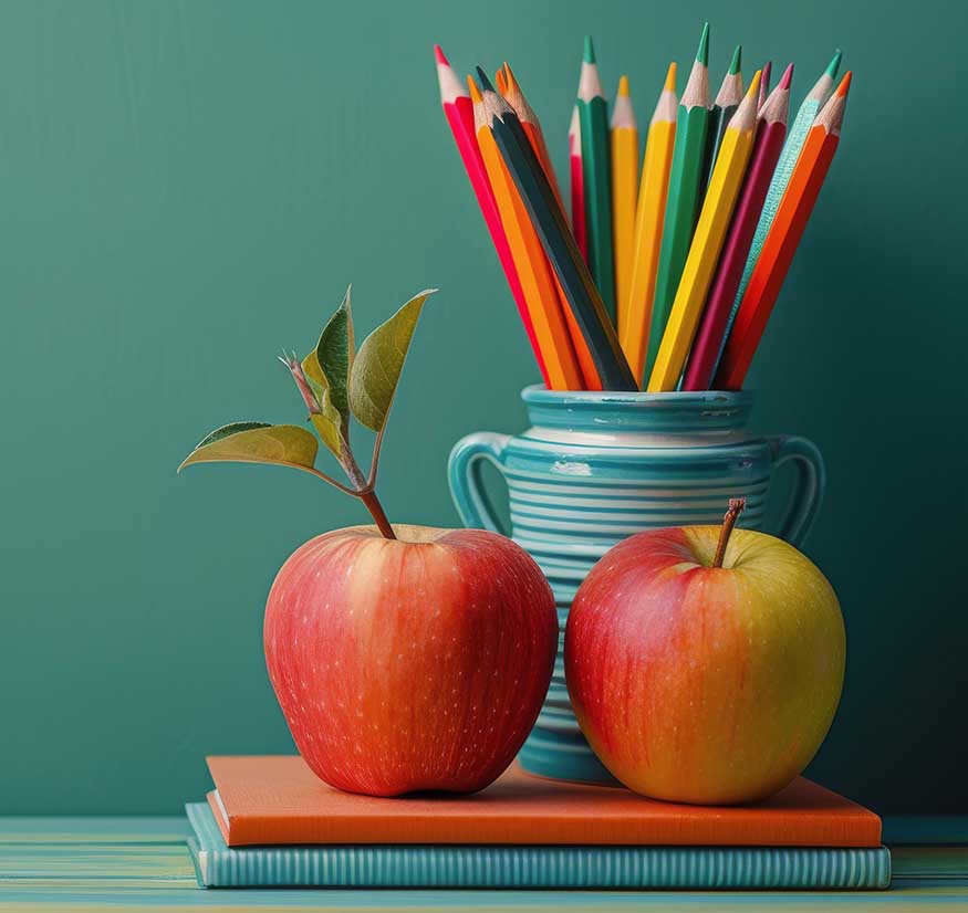 A stack of books, pencils, and an apple neatly arranged on a table.